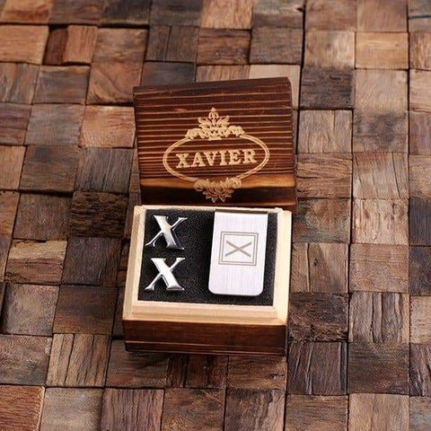 Image of Initial X Personalized Mens Classic Cuff Links & Money Clip with Wood Box - Cuff Links - Money Clip Set