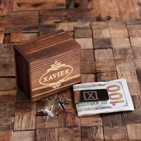 Image of Initial X Personalized Mens Classic Cuff Links & Money Clip with Wood Box - Cuff Links - Money Clip Set