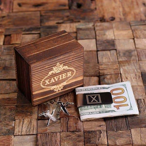 Initial X Personalized Mens Classic Cuff Links & Money Clip with Wood Box - Cuff Links - Money Clip Set