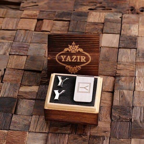 Image of Initial Y Personalized Mens Classic Cuff Links & Money Clip with Wood Box - Cuff Links - Money Clip Set