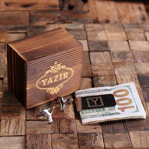Initial Y Personalized Mens Classic Cuff Links & Money Clip with Wood Box - Cuff Links - Money Clip Set