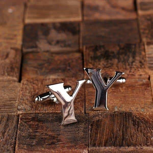 Initial Y Personalized Mens Classic Cuff Links & Tie Clip with Wood Box - Cuff Links - Tie Clip Set