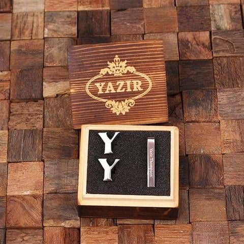 Image of Initial Y Personalized Mens Classic Cuff Links & Tie Clip with Wood Box - Cuff Links - Tie Clip Set