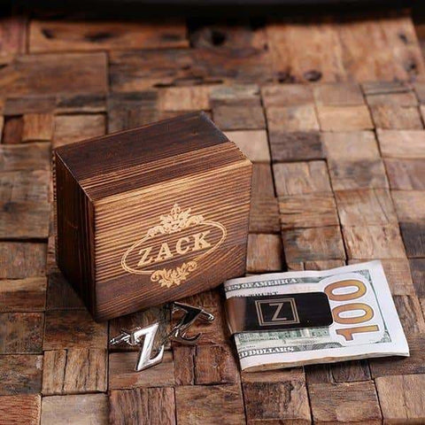 Image of Initial Z Personalized Mens Classic Cuff Links & Money Clip with Wood Box - Cuff Links - Money Clip Set