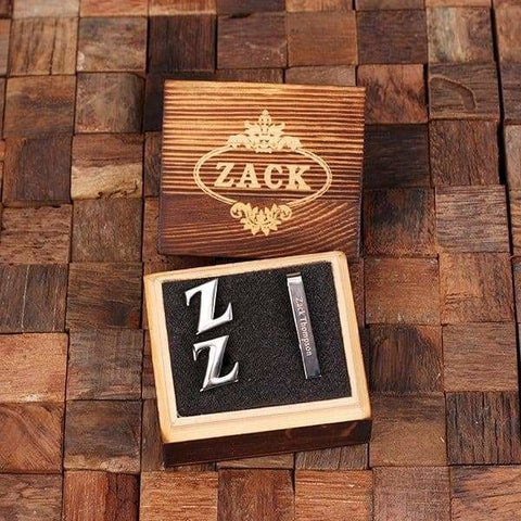 Image of Initial Z Personalized Mens Classic Cuff Links & Tie Clip with Wood Box - Cuff Links - Tie Clip Set