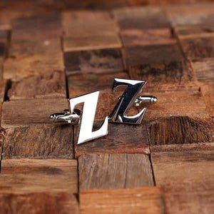 Initial Z Personalized Mens Classic Cuff Links & Tie Clip with Wood Box - Cuff Links - Tie Clip Set
