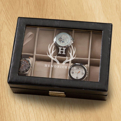 Image of Monogrammed Watch Box - Black Leather - Holds 10 Watches - Antler - Keepsake Gifts