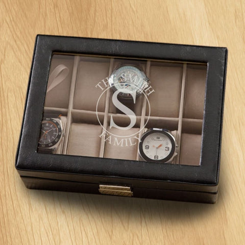 Image of Monogrammed Watch Box - Black Leather - Holds 10 Watches - Circle - Keepsake Gifts