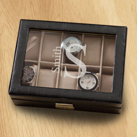 Image of Monogrammed Watch Box - Black Leather - Holds 10 Watches - Modern - Keepsake Gifts