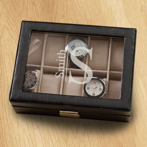 Monogrammed Watch Box - Black Leather - Holds 10 Watches - Modern - Keepsake Gifts