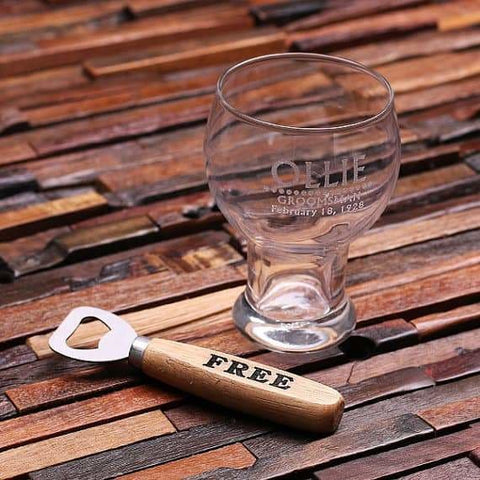 Image of Personalized 16 oz. Beer Glass Mug with Wood Bottle Opener - Drinkware - Beer Mugs