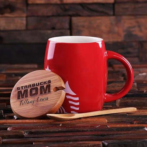 Image of Personalized 16 oz. Ceramic Starbucks Mug w/Bamboo Lid & Spoon White Red & Black - Assorted - Kitchen