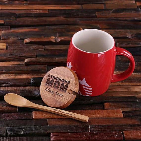 Image of Personalized 16 oz. Ceramic Starbucks Mug w/Bamboo Lid & Spoon White Red & Black - Assorted - Kitchen