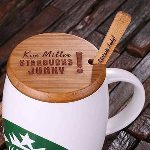 Personalized 16 oz. Ceramic Starbucks Mug w/Bamboo Lid & Spoon White Red & Black - Assorted - Kitchen