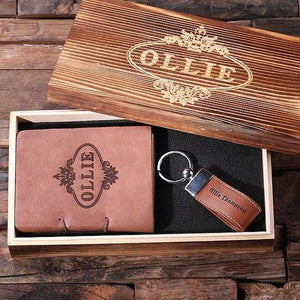 Personalized 2 pc. Gift Set Key Chain & Journal with Wood Box - Journal Gift Sets