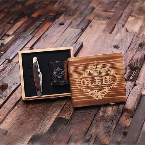 Image of Personalized 2 pc. Gift Set w/Keepsake Box Shot Glass & 3-Blade Pocket Knife - Knife Gift Sets