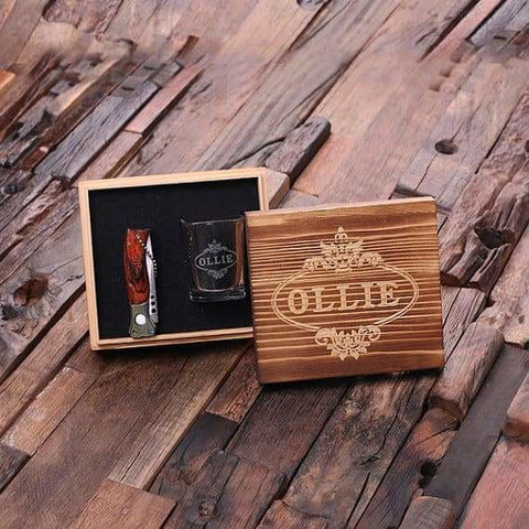 Image of Personalized 2 pc. Gift Set w/Keepsake Box Shot Glass & Pocket Knife - Knife Gift Sets