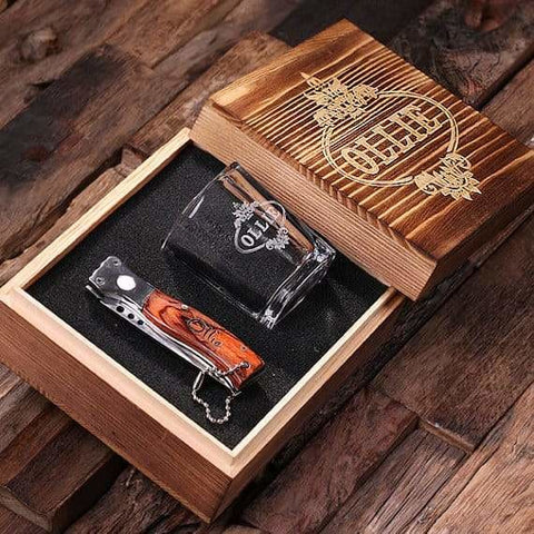 Image of Personalized 2 pc. Gift Set w/Keepsake Box Shot Glass & Pocket Knife - Knife Gift Sets
