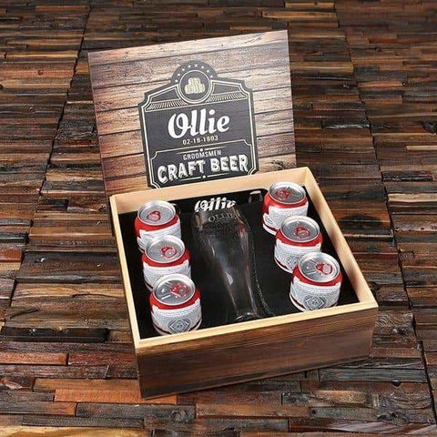 Image of Personalized 24 oz Pilsner Beer Glass with Bottle Openers and Wood Box which holds Six 12 oz Beer Cans Black Label - Assorted - Outdoor