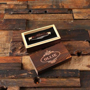 Personalized 3 Blade Pocket Knife with Wood Box - Knives & Gift Box