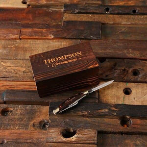 Personalized 3 Blade Pocket Knife with Wood Box - Knives & Gift Box