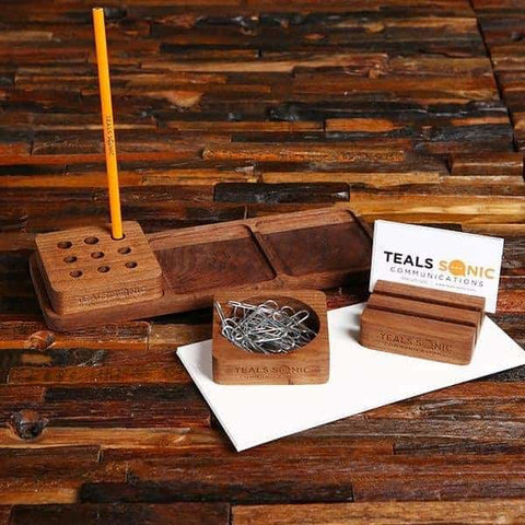 Image of Personalized 3pc Walnut Wood Desk Organizer Business Gift - Desktop Stationery