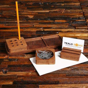 Personalized 3pc Walnut Wood Desk Organizer Business Gift - Desktop Stationery