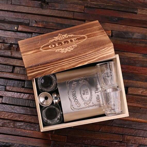 Image of Personalized 4 pc. gift Set 18 oz. Flask w/Funnel 4 Shot Glasses & Keepsake Box - Drinkware - Shot Glasses