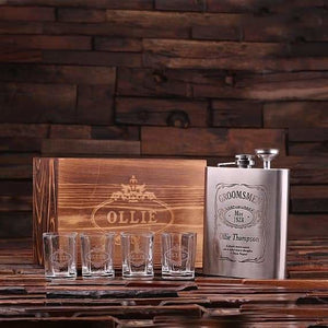 Personalized 4 pc. gift Set 18 oz. Flask w/Funnel 4 Shot Glasses & Keepsake Box - Drinkware - Shot Glasses