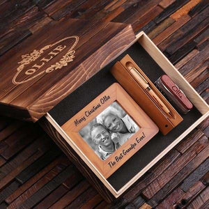 Personalized 4 pc Gift Set w/Keepsake Box Frame Army Knife and Wood Pen Set - Photo Frame Gift Sets