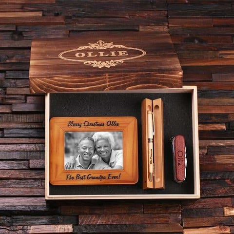 Image of Personalized 4 pc Gift Set w/Keepsake Box Frame Army Knife and Wood Pen Set - Photo Frame Gift Sets