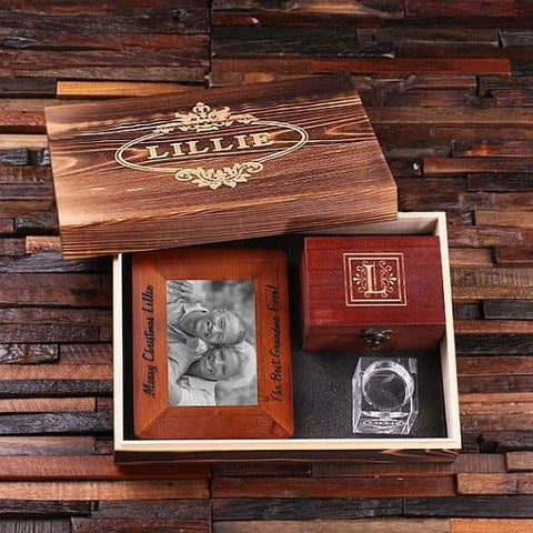 Image of Personalized 4 pc Gift Set w/Keepsake Box Frame Candle Holder Treasure Box - Photo Frame Gift Sets
