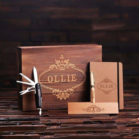 Image of Personalized 4 pc Gift Set w/Keepsake Box Wood Pen Set Metal Army Knife & Journal - Knife Gift Sets