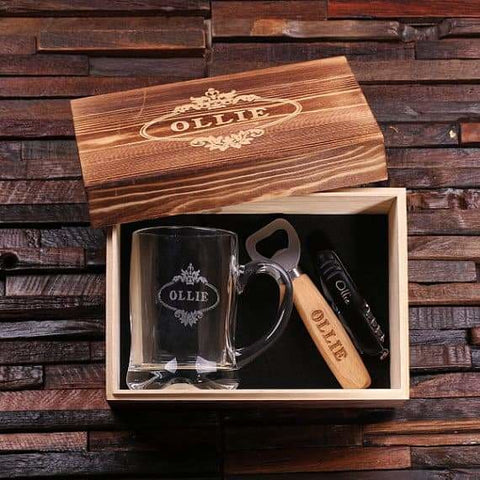 Image of Personalized 4 pc Mens Gift Set w/Keepsake Box Beer Mug Bottle Opener Army Knife - Knife Gift Sets