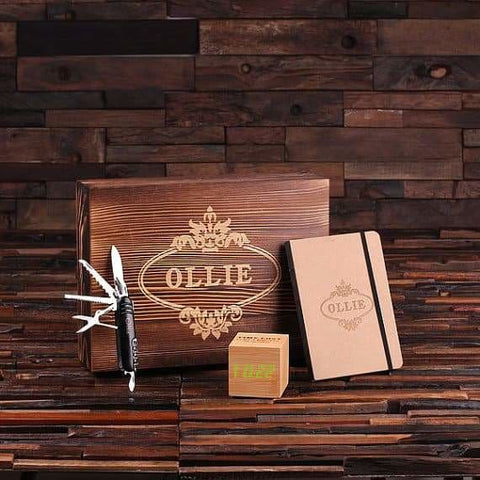 Image of Personalized 4 pc Mens Gift Set w/Keepsake Box Digital Clock Knife Journal - Knife Gift Sets