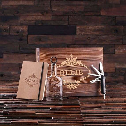 Image of Personalized 4 pc Mens Gift Set w/Keepsake Box Flask Knife Journal - Knife Gift Sets