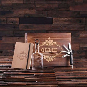 Personalized 4 pc Mens Gift Set w/Keepsake Box Flask Knife Journal - Knife Gift Sets