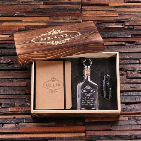 Image of Personalized 4 pc Mens Gift Set w/Keepsake Box Flask Knife Journal - Knife Gift Sets