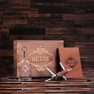 Personalized 4 pc Mens Gift Set w/Keepsake Box Flask Wood Army Knife & Leather Journal - Knife Gift Sets