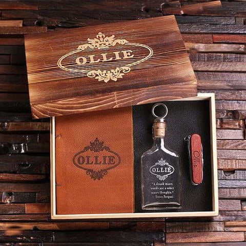 Image of Personalized 4 pc Mens Gift Set w/Keepsake Box Flask Wood Army Knife & Leather Journal - Knife Gift Sets