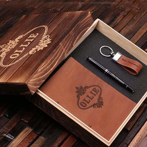 Image of Personalized 4 pc Mens Gift Set w/Keepsake Box Journal Key Chain Pen - Journal Gift Sets