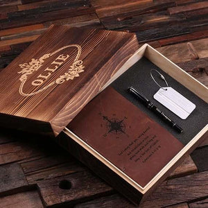 Personalized 4 pc Mens/Womens Gift Set w/Keepsake Box Journal Travel Tag Pen 6 Colors - Journal Gift Sets