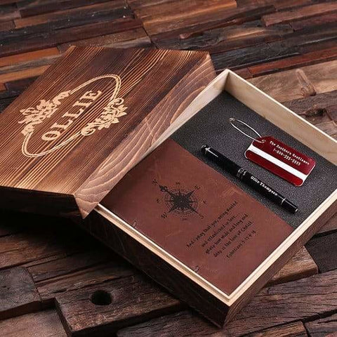 Image of Personalized 4 pc Mens/Womens Gift Set w/Keepsake Box Journal Travel Tag Pen 6 Colors - Journal Gift Sets