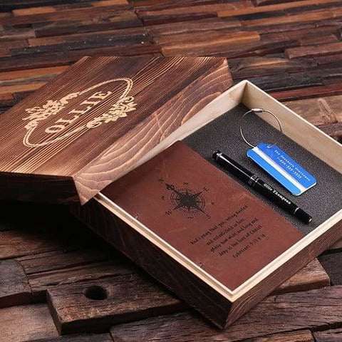 Image of Personalized 4 pc Mens/Womens Gift Set w/Keepsake Box Journal Travel Tag Pen 6 Colors - Journal Gift Sets