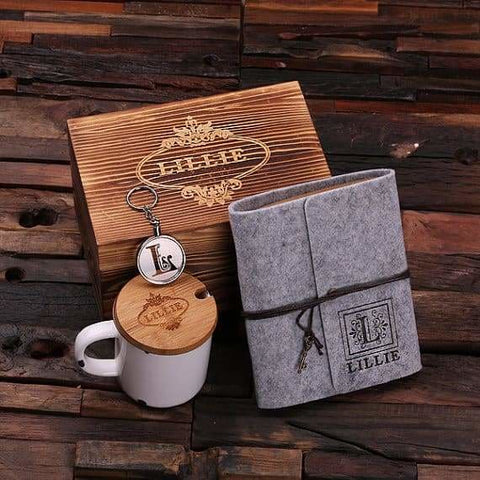 Image of Personalized 4 pc Womens Gift Set w/Keepsake Box Journal Key Chain Mug Available in Grey/White Red Orange & Green - Journal Gift Sets