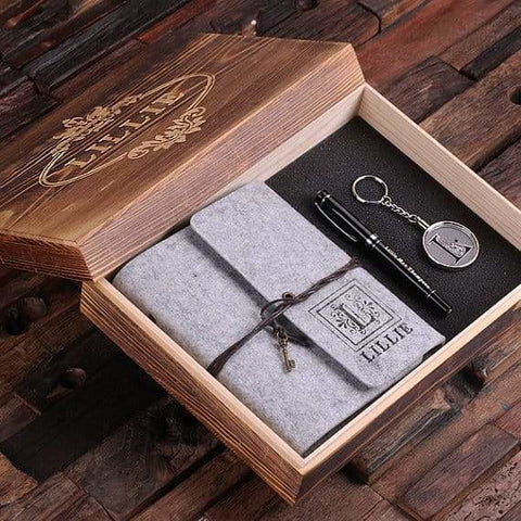 Image of Personalized 4 pc Womens Gift Set w/Keepsake Box w/ Journal Key Chain Pen Available in 12 Colors - Journal Gift Sets
