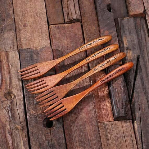 Image of Personalized 4pc Wooden Dinner Salad Forks - Cutlery Set