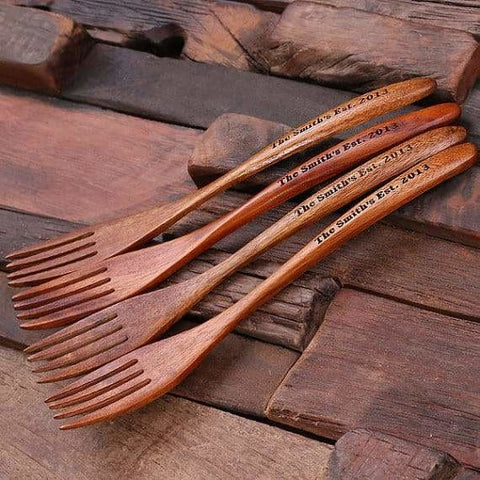 Image of Personalized 4pc Wooden Dinner Salad Forks - Cutlery Set