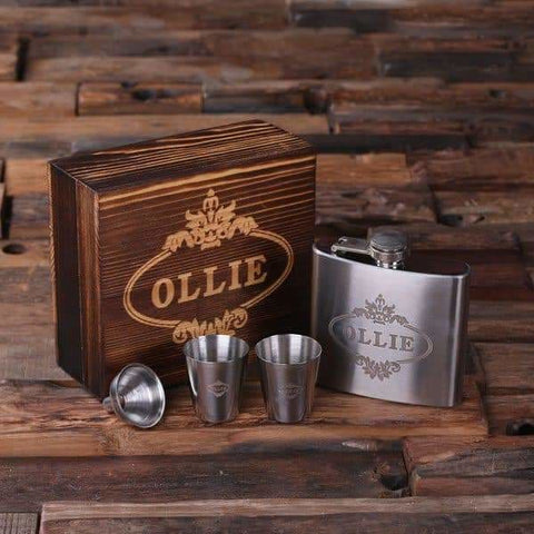 Image of Personalized 5 oz Steel Metal Whiskey Flask 2 Steel Metal Glasses and Wood Box - Flask Gift Sets