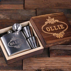 Personalized 5 oz Steel Metal Whiskey Flask 2 Steel Metal Glasses and Wood Box - Flask Gift Sets